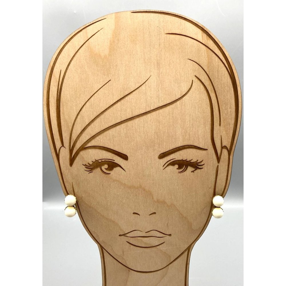 Minimalist Vintage Double Drop Earrings, Basic White Plastic Beads in Gold Tone - Picture 3 of 5